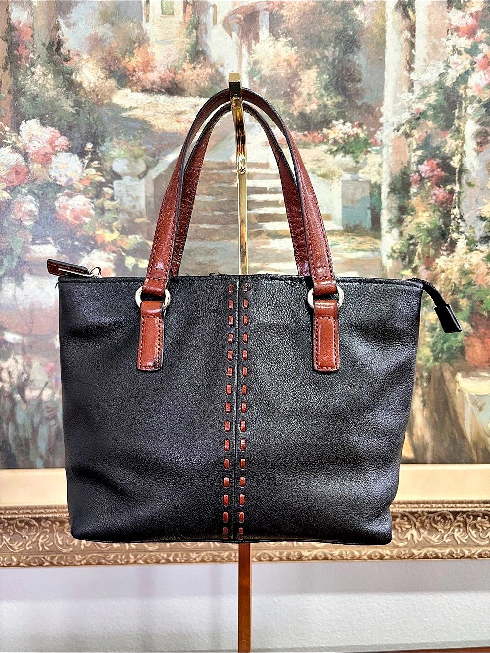 Fossil Leather-Trim Small Tote in Black & Brown